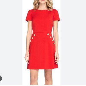 New Tahari Red Vibrant A-Line Business Professional Gold Button Dress Size 10